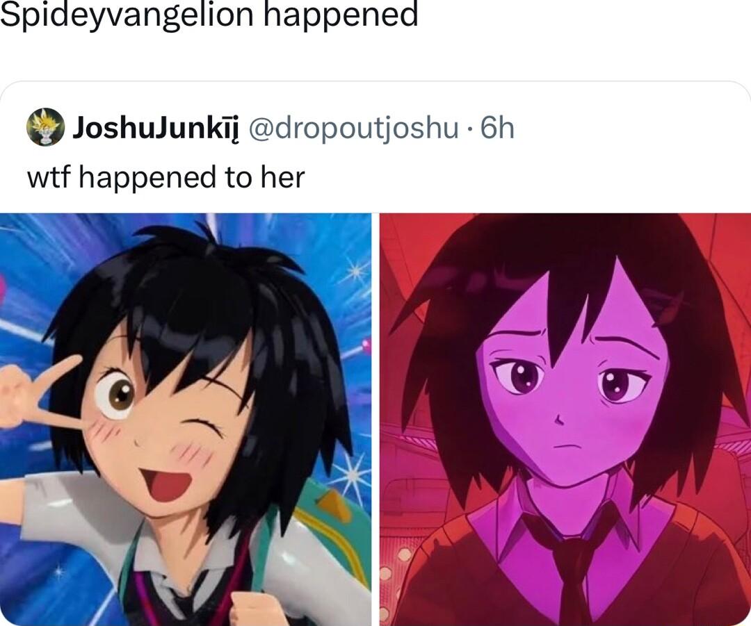 Spideyvangelion happened Joshulunkij dropoutjoshu 6h wtf happened to her