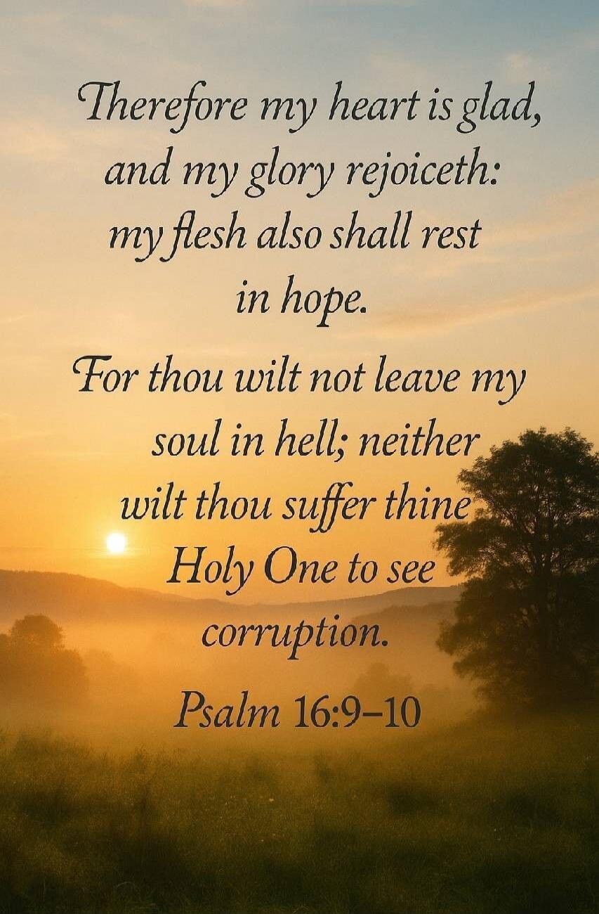 Therefore my heart is glad, and my glory rejoiceth: my flesh also shall rest in hope. For thou wilt not leave my soul in hell; neither wilt thou suffer thine Holy One to see corruption. Psalm 16:9-10