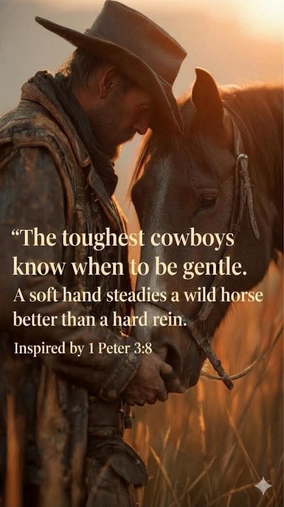 The toughest cowboys know when to be gentle. A soft hand steadies a wild horse better than a hard rein. Inspired by 1 Peter 3:8