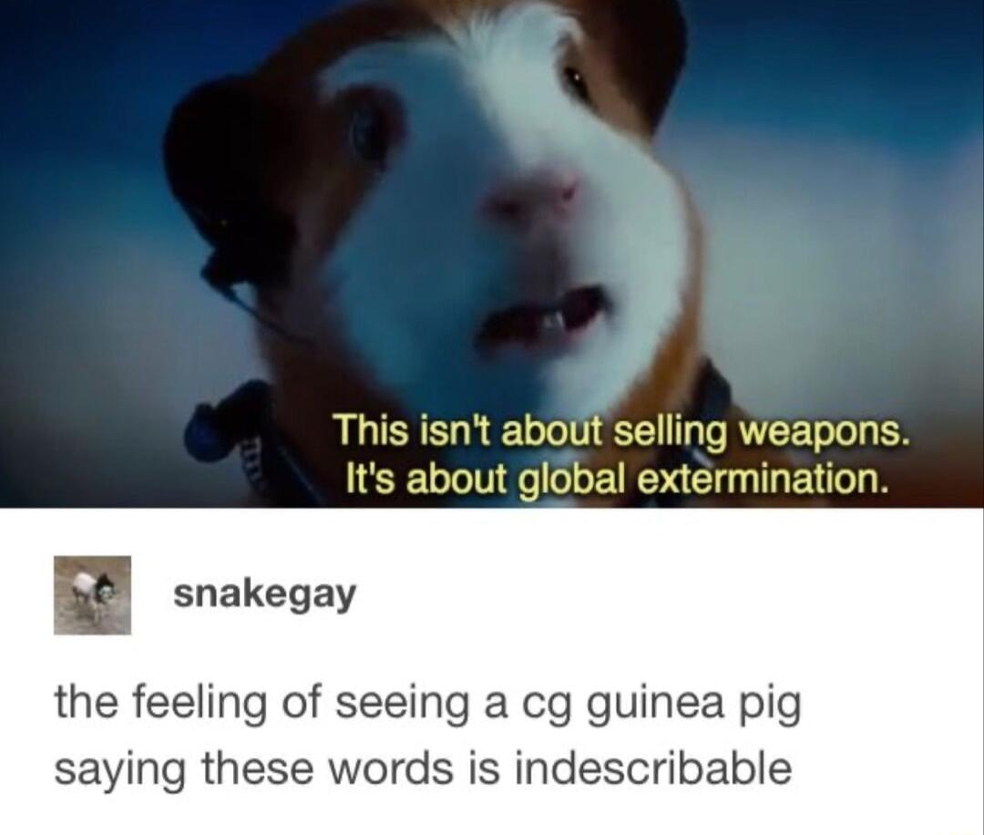 B This isnt about selling weapons Its about global extermination E snakegay the feeling of seeing a cg guinea pig saying these words is indescribable