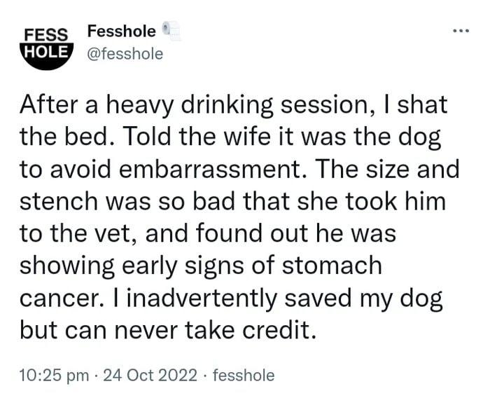 Fess Fesshole G fesshole After a heavy drinking session shat the bed Told the wife it was the dog to avoid embarrassment The size and stench was so bad that she took him to the vet and found out he was showing early signs of stomach cancer inadvertently saved my dog but can never take credit 1025 pm 24 Oct 2022 fesshole 509 Retweets 59 Quote Tweets 231K Likes
