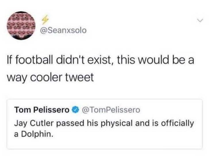 v 4 Seanxsolo If football didnt exist this would be a way cooler tweet Tom Pelissero TomPelissero Jay Cutler passed his physical and is officially a Dolphin