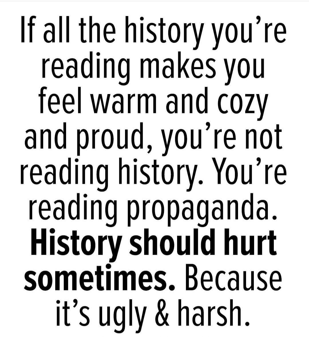 other98 If all the history youre reading makes you feel warm and cozy and proud youre not reading history Youre reading propaganda History should hurt sometimes Because its ugly harsh