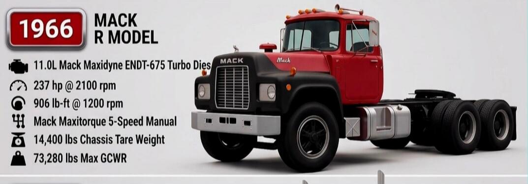 1966 MACK R MODEL 11.0L Mack Maxidyne ENDT-675 Turbo Diesel 237 hp @ 2100 rpm 906 lb-ft @ 1200 rpm Mack Maxitorque 5-Speed Manual 14,400 lbs Chassis Tare Weight 73,280 lbs Max GCWR