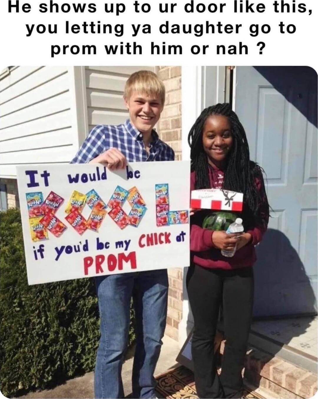 He shows up to ur door like this you letting ya daughter go to prom with him or nah