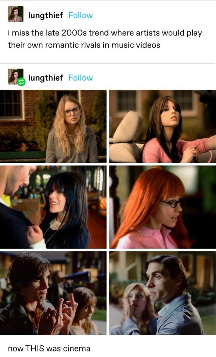 i miss the late 2000s trend where artists would play their own romantic rivals in music videos
now THIS was cinema