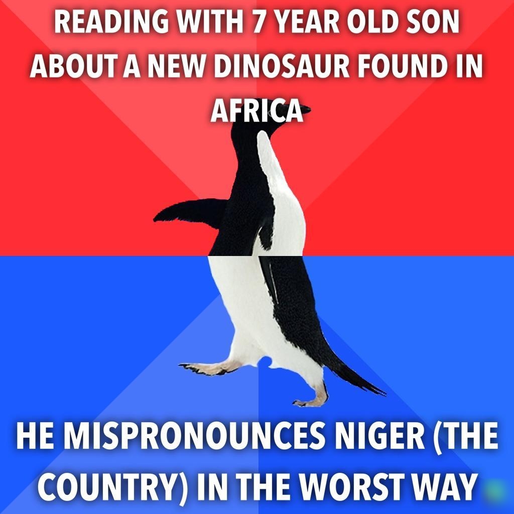 READING WITH 7 YEAR OLD SON ABOUTA NEW DINOSAUR FOUND IN AFRICA HE MISPRONOUNCES NIGER THE COUNTRY IN THE WORST WAY