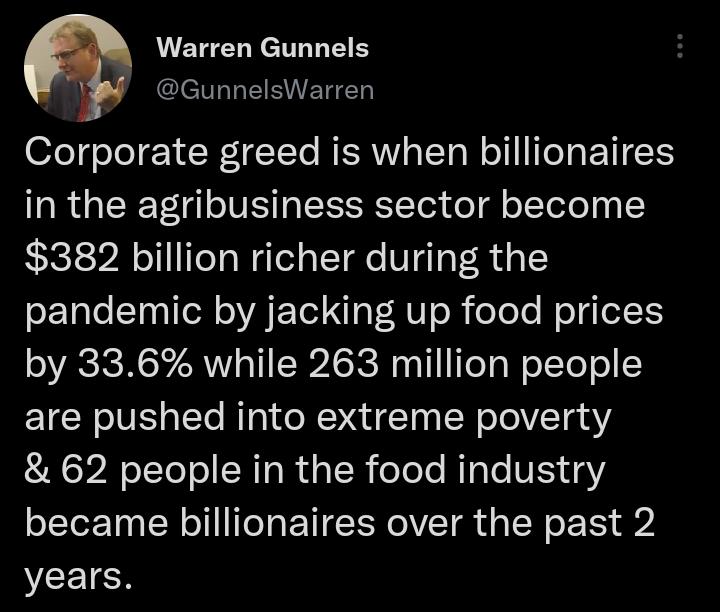 Warren Gunnels cleVL L ERETED ofeTqoTel e 1 N YTe RISRWVIS Yo W oTI I e Ta I 1Y in the agribusiness sector become 382 billion richer during the pandemic by jacking up food prices by 336 while 263 million people are pushed into extreme poverty 62 people in the food industry became billionaires over the past 2 VEEICH