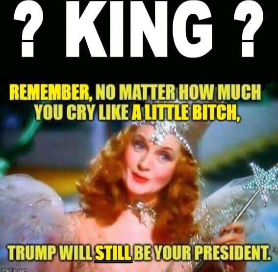 ? KING ?
REMEMBER, NO MATTER HOW MUCH YOU CRY LIKE A LITTLE BITCH.
TRUMP WILL STILL BE YOUR PRESIDENT