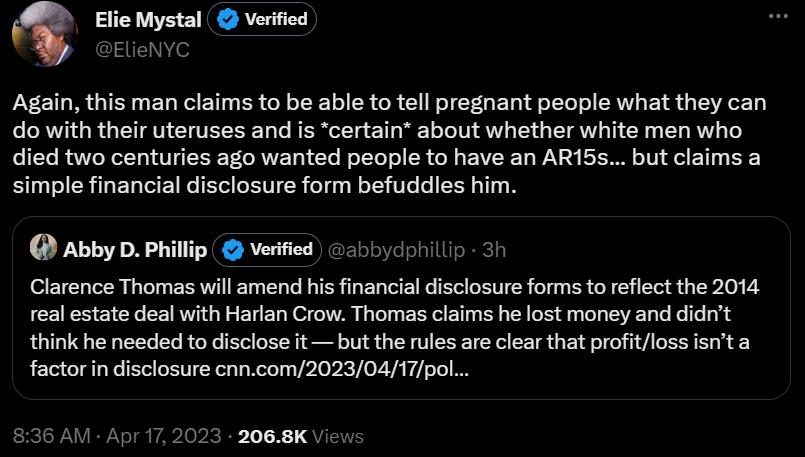 Q aievffl Verified Again this man claims to be able to tell pregnant people what they can do with their uteruses and is certain about whether white men who died two centuries ago wanted people to have an AR15s but claims a simple financial disclosure form befuddles him Abby D Phillip Vertied 21011 3 Glarence Thomas will amend his financial disclosure forms to reflect the 2014 real estate deal with