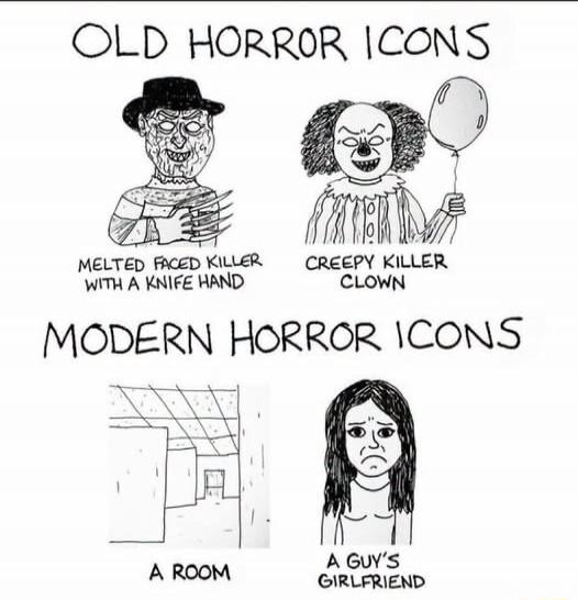 OLD HORROR ICONS MELTED FACED KILLER WITH A KNIFE HAND CREEPY KILLER CLOWN MODERN HORROR ICONS A ROOM A GUY'S GIRLFRIEND