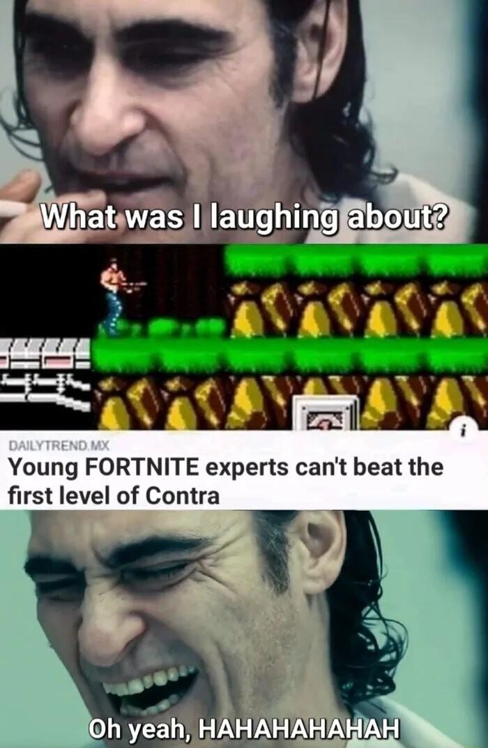 4 v y Whatswasil laughing e Young FORTNITE experts cant beat the first level of Contra