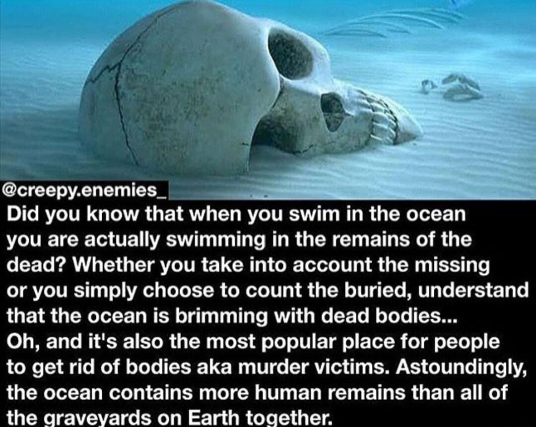 creepyenemies_ Did you know that when you swim in the ocean you are actually swimming in the remains of the dead Whether you take into account the missing LIS TR LR GRS Y TG AT T S e RUEISGERLEE L RER T T TR RV G R EET R T Oh and its also the most popular place for people to get rid of bodies aka murder victims Astoundingly the ocean contains more human remains than all of the gravevards on Earth 