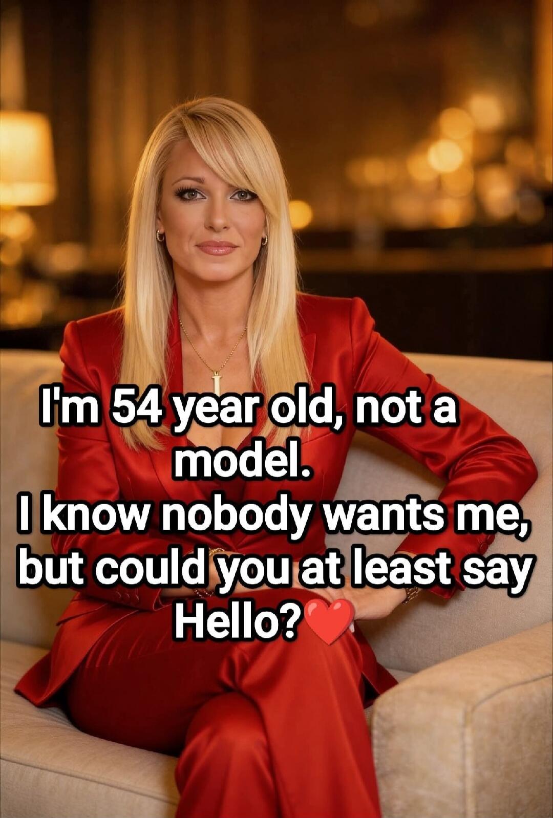 I'm 54 year old, not a model. I know nobody wants me, but could you at least say Hello? ❤️