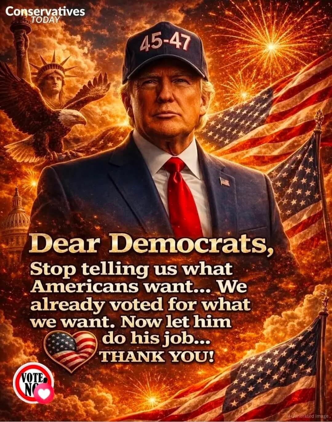 Conservatives TODAY 45-47 Dear Democrats, Stop telling us what Americans want... We already voted for what we want. Now let him do his job... THANK YOU! VOTE NO AI Generated image.