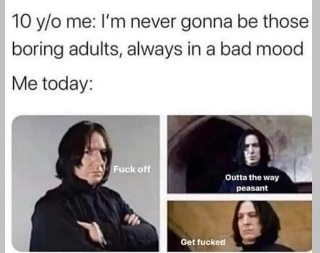 10 yo me Im never gonna be those boring adults always in a bad mood Me today