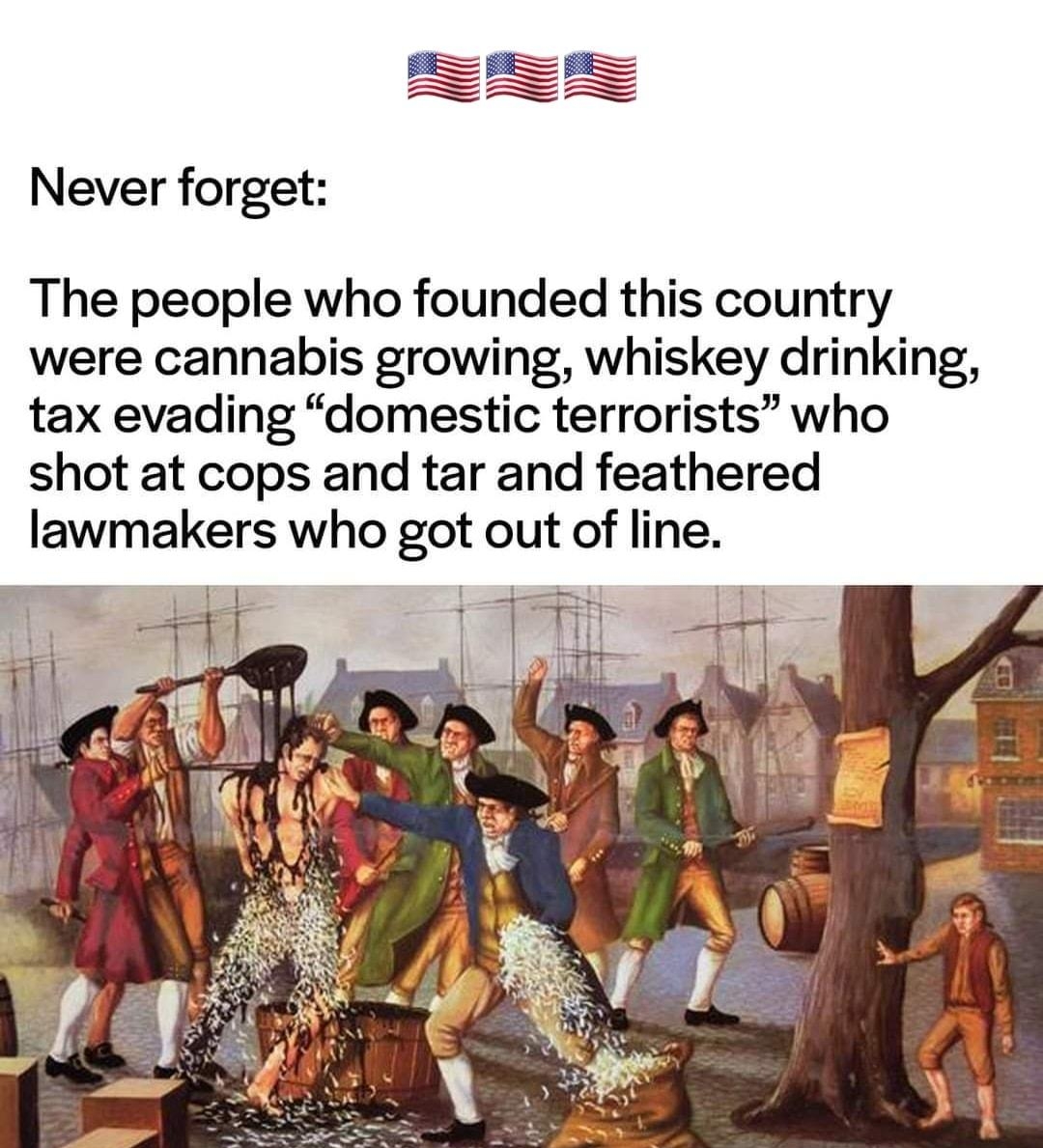 Never forget The people who founded this country were cannabis growing whiskey drinking tax evading domestic terrorists who shot at cops and tar and feathered lawmakers who got out of line T A i rhaFrseThoughte