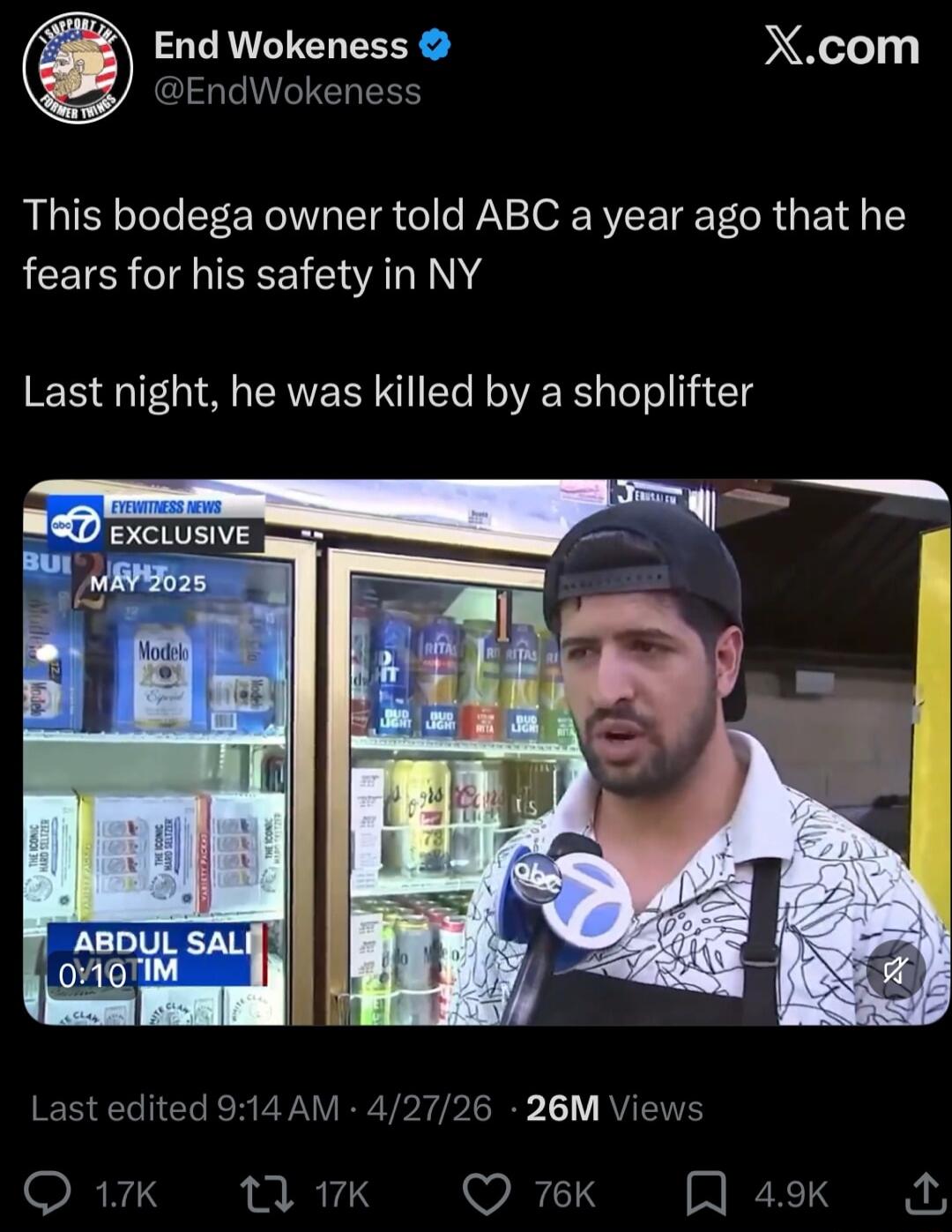 This bodega owner told ABC a year ago that he fears for his safety in NY. Last night, he was killed by a shoplifter. Eyewitness News Exclusive. Abdul Sali.