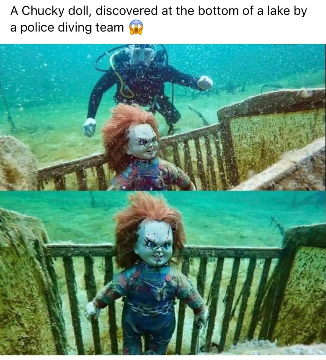 A Chucky doll discovered at the bottom of a lake by a police diving team