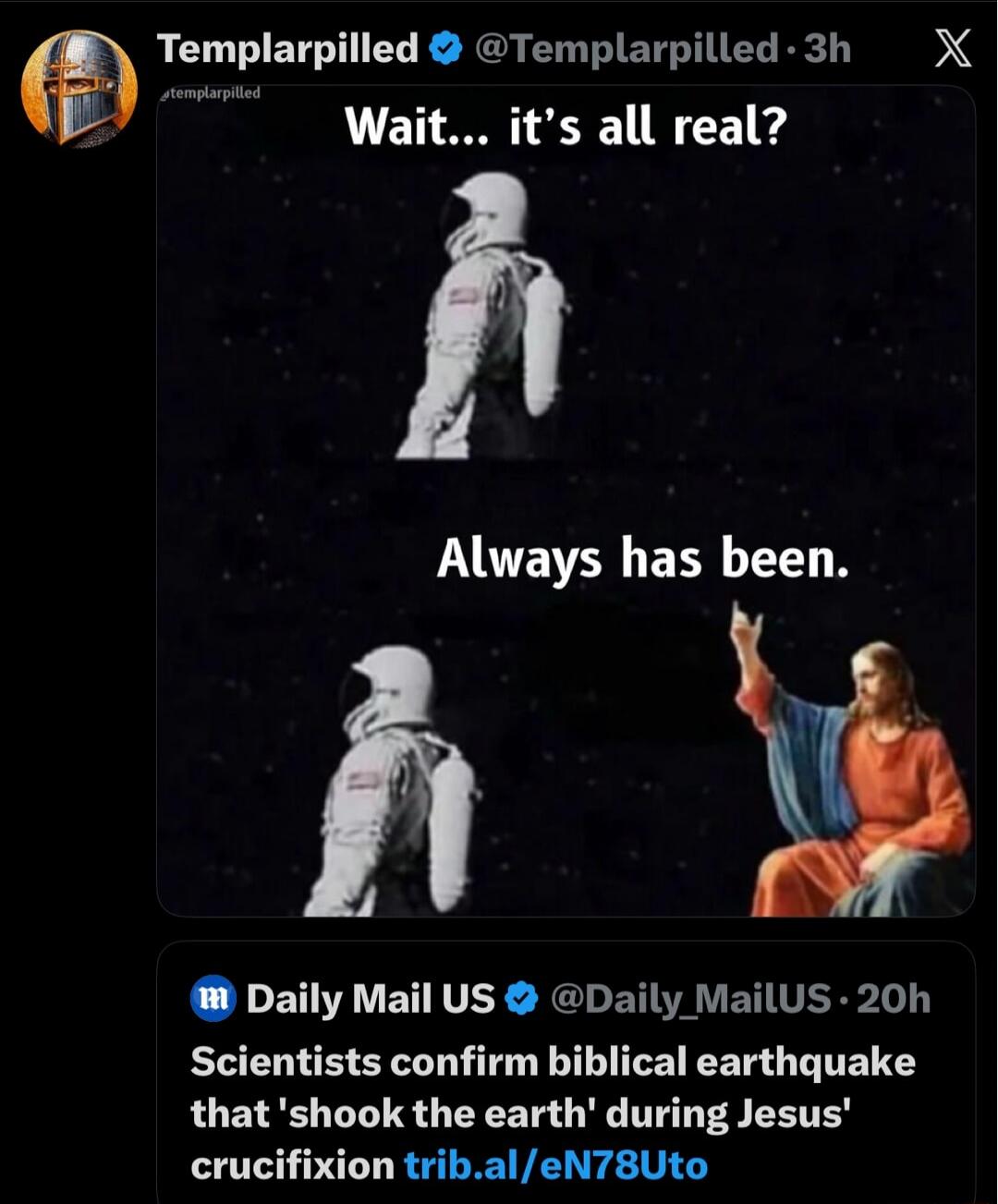 Wait... it’s all real? Always has been. Scientists confirm biblical earthquake that 'shook the earth' during Jesus’ crucifixion trib.al/eN78Uto