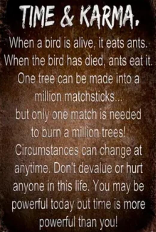 TIME & KARMA. When a bird is alive, it eats ants. When the bird has died, ants eat it. One tree can be made into a million matchsticks... but only one match is needed to burn a million trees! Circumstances can change at anytime. Don't devalue or hurt anyone in this life. You may be powerful today but time is more powerful than you!