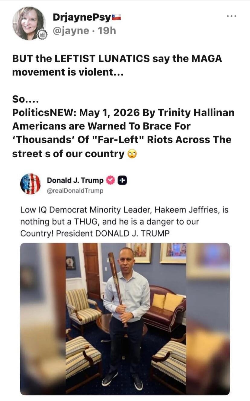 DrjaynePsy @jayne 19h BUT the LEFTIST LUNATICS say the MAGA movement is violent... So.... PoliticsNEW: May 1, 2026 By Trinity Hallinan Americans are Warned To Brace For 'Thousands' Of 