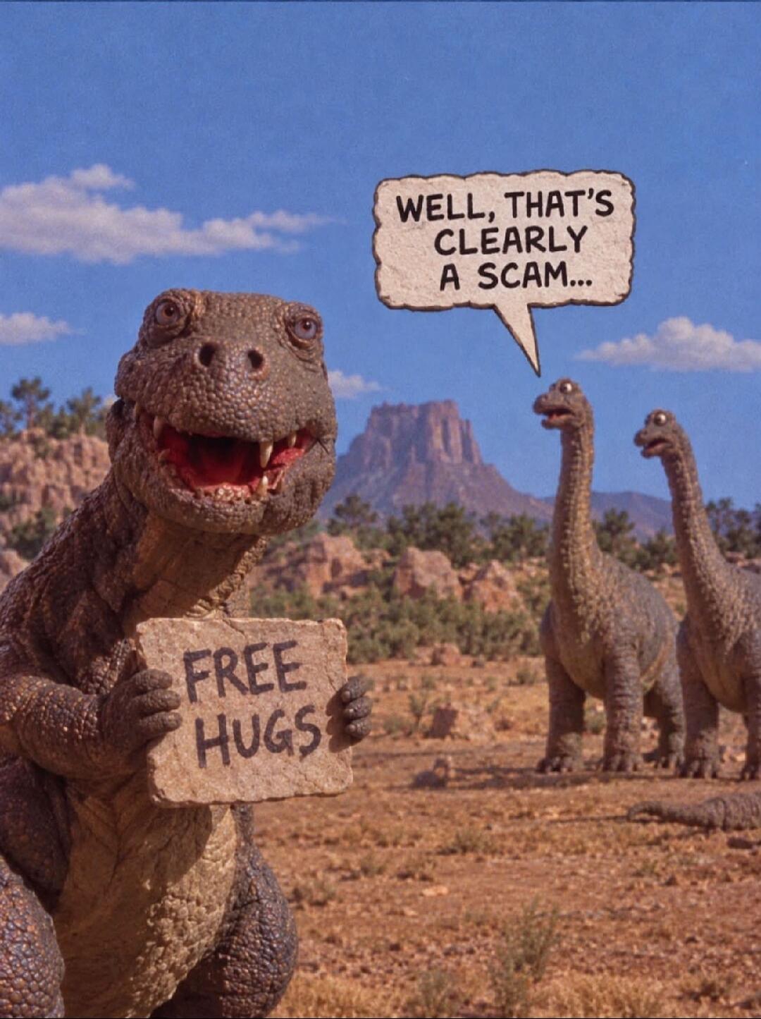 A dinosaur holds a sign saying 'FREE HUGS'. Another dinosaur in the background says, 'Well, that's clearly a scam...'