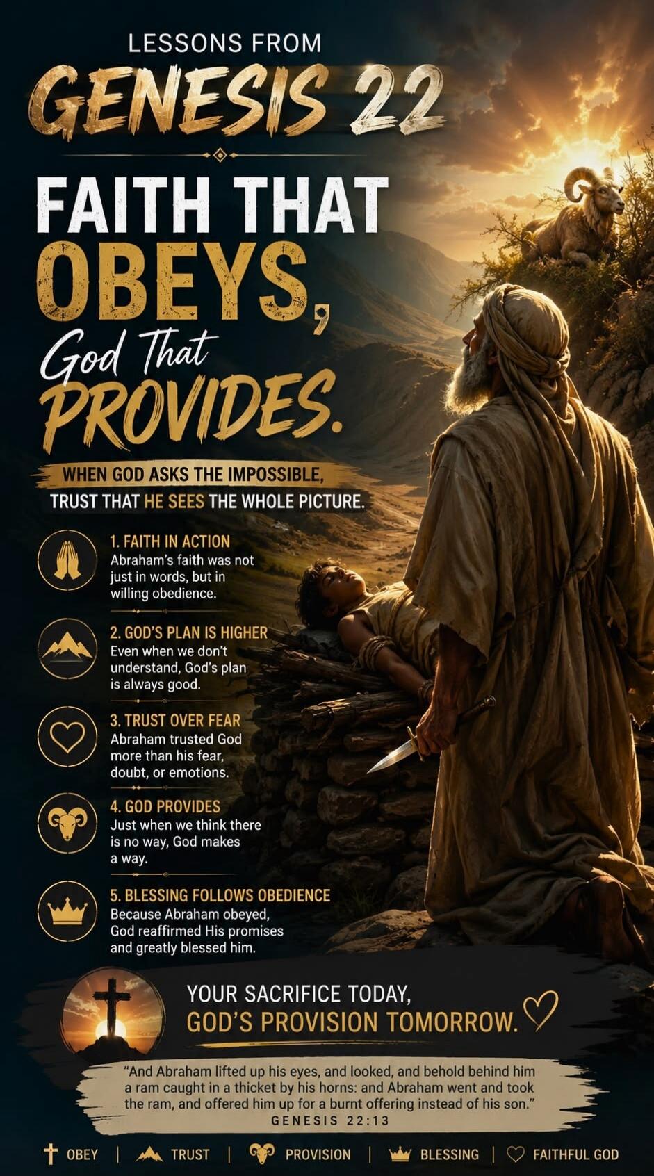 LESSONS FROM GENESIS 22 FAITH THAT OBEYS, GOD THAT PROVIDES. WHEN GOD ASKS THE IMPOSSIBLE, TRUST THAT HE SEES THE WHOLE PICTURE. 1. FAITH IN ACTION Abraham's faith was not just in words, but in willing obedience. 2. GOD'S PLAN IS HIGHER Even when we don't understand, God's plan is always good. 3. TRUST OVER FEAR Abraham trusted God more than his fe