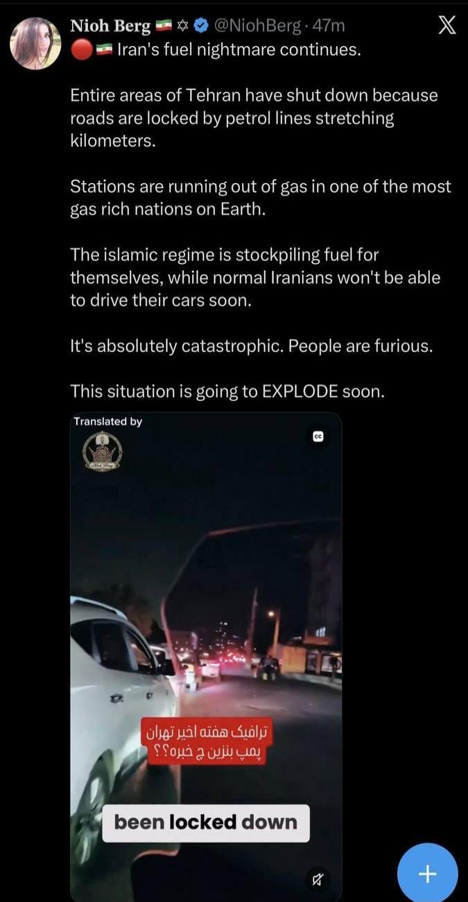 Iran's fuel nightmare continues. Entire areas of Tehran have shut down because roads are locked by petrol lines stretching kilometers. Stations are running out of gas in one of the most gas-rich nations on Earth. The Islamic regime is stockpiling fuel for themselves, while normal Iranians won't be able to drive their cars soon. It's absolutely cata