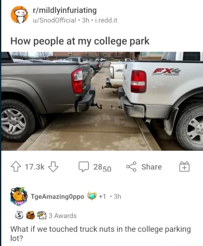 g rmildlyinfuriating How people at my college park 173kl D285 o Share TgeAmazingOppo 1 3 B3 Awards What if we touched truck nuts in the college parking lot