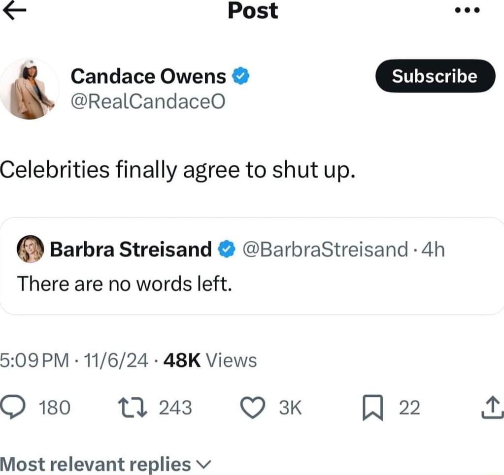 Post RealCandaceO Candace Owens Celebrities finally agree to shut up 0 Barbra Streisand BarbraStreisand 4h There are no words left 509PM 11624 48K Views Q10 11243 Q 3k R 22 2 Most relevant replies v