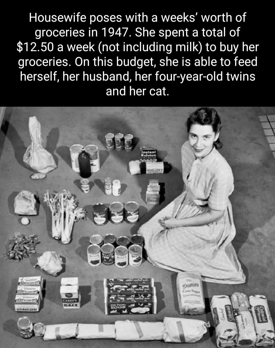 Housewife poses with a weeks worth of groceries in 1947 She spent a total of 1250 a week not including milk to buy her groceries On this budget she is able to feed herself her husband her four year old twins and her cat