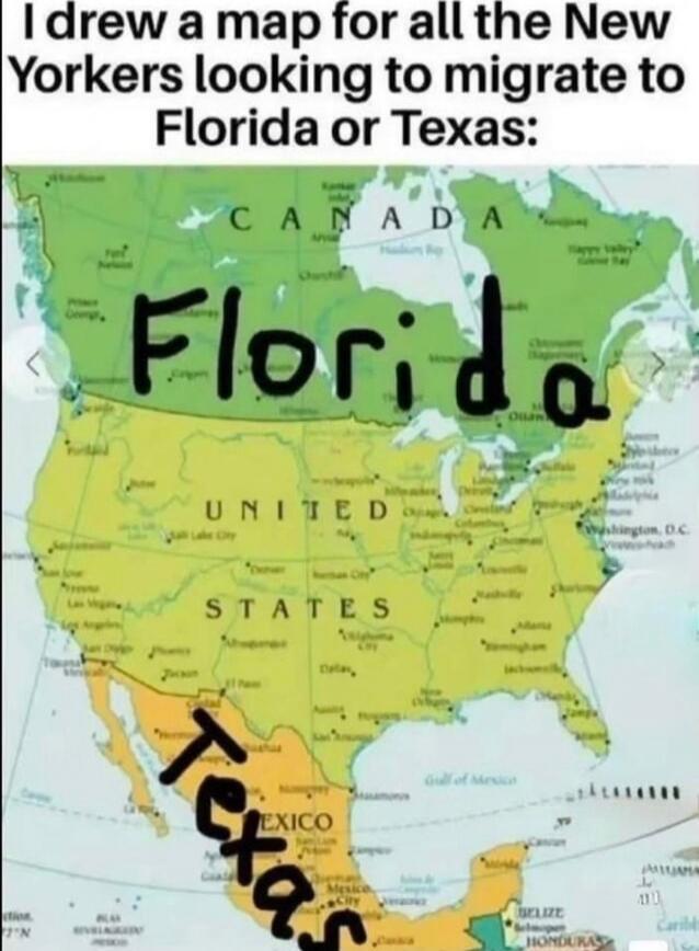 I drew a map for all the New Yorkers looking to migrate to Florida or Texas: Florida Texas