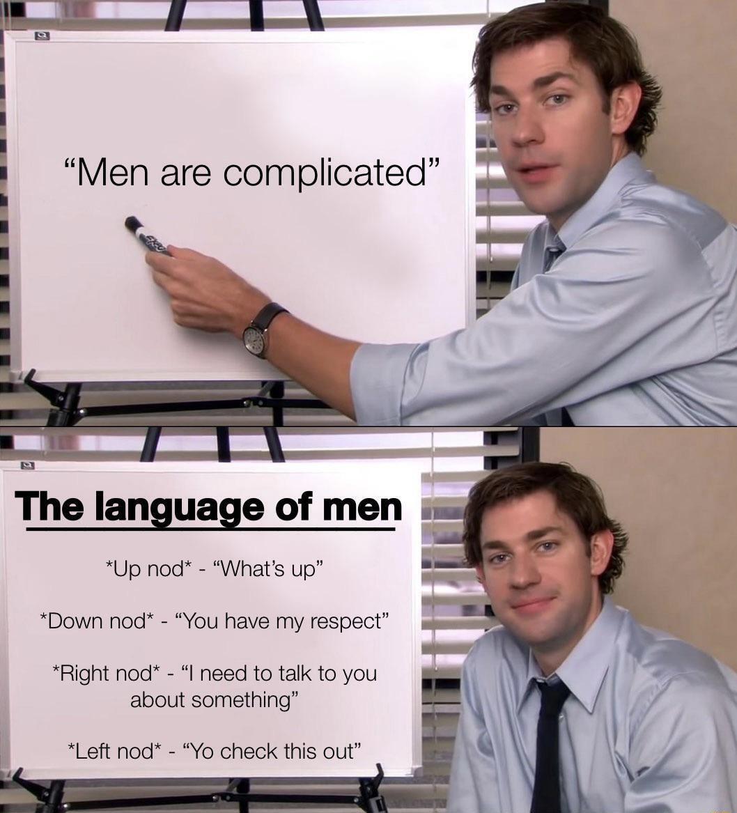 The language of men Up nod Whats up Down nod You have my respect Right nod I need to talk to you about something Left nod Yo check this out