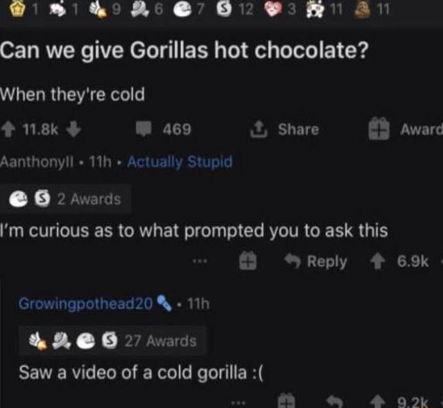 S KA G OO R AN Can we give Gorillas hot chocolate When theyre cold sk w ae9 Share E Award Aanthonyll 11h Actually Stupid RS Im curious as to what prompted you to ask this SReply 4 69k Growingpothead20 11h GAO s EEIERGELE R E A M 4 0