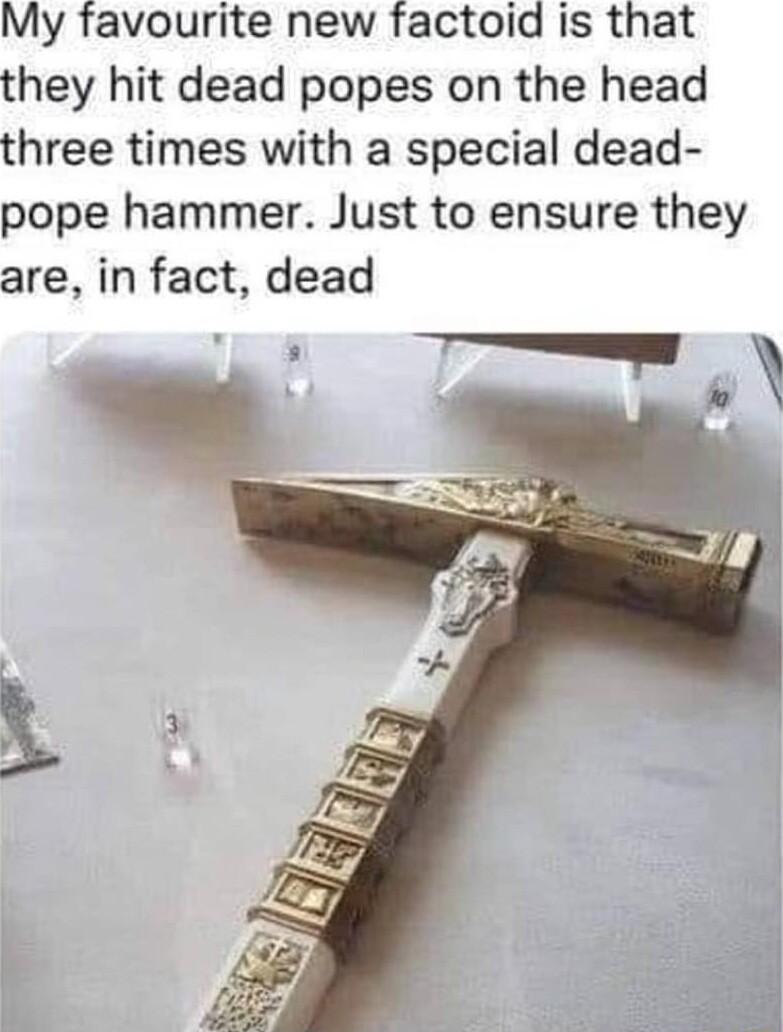 My favourite new factoid is that they hit dead popes on the head three times with a special dead pope hammer Just to ensure they are in fact dead