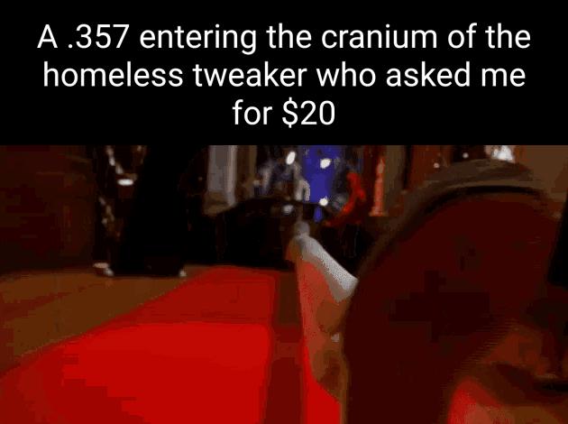 A 357 entering the cranium of the homeless tweaker who asked me for 20 o T AN