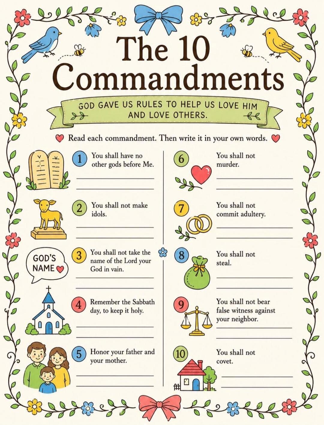 The 10 Commandments. God gave us rules to help us love Him and love others. Read each commandment. Then write it in your own words. 1. You shall have no other gods before Me. 2. You shall not make idols. 3. You shall not take the name of the Lord your God in vain. 4. Remember the Sabbath day, to keep it holy. 5. Honor your father and your mother. 6