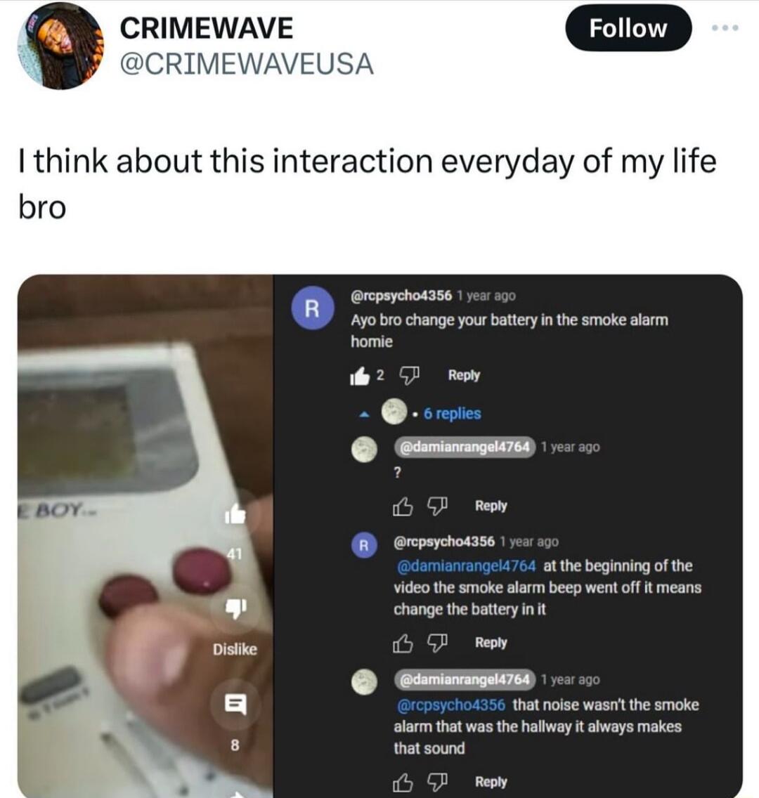 CRIMEWAVE c think about this interaction everyday of my life bro 154 ot thebegiing ofhe change thebattry Esmanangatros ooy