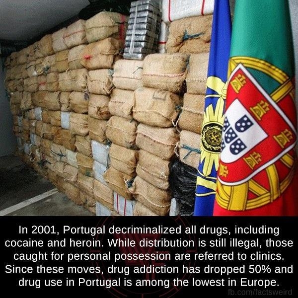 In 2001 Portugal decriminalized all drugs including cocaine and heroin While distribution is still illegal those caught for personal possession are referred to clinics SR TN TR TV o RETe o T o1 Wy EEEN 6 o o1To RTOL R Ty o drug use in Portugal is among the lowest in Europe