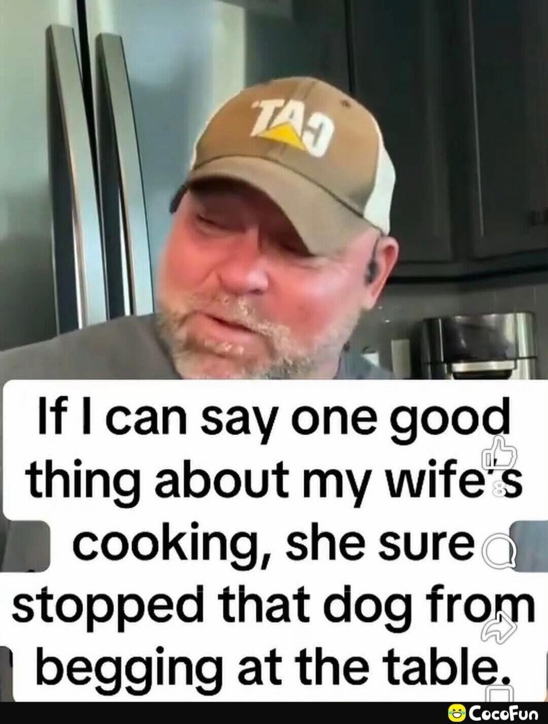 If I can say one good thing about my wife's cooking, she sure stopped that dog from begging at the table.
