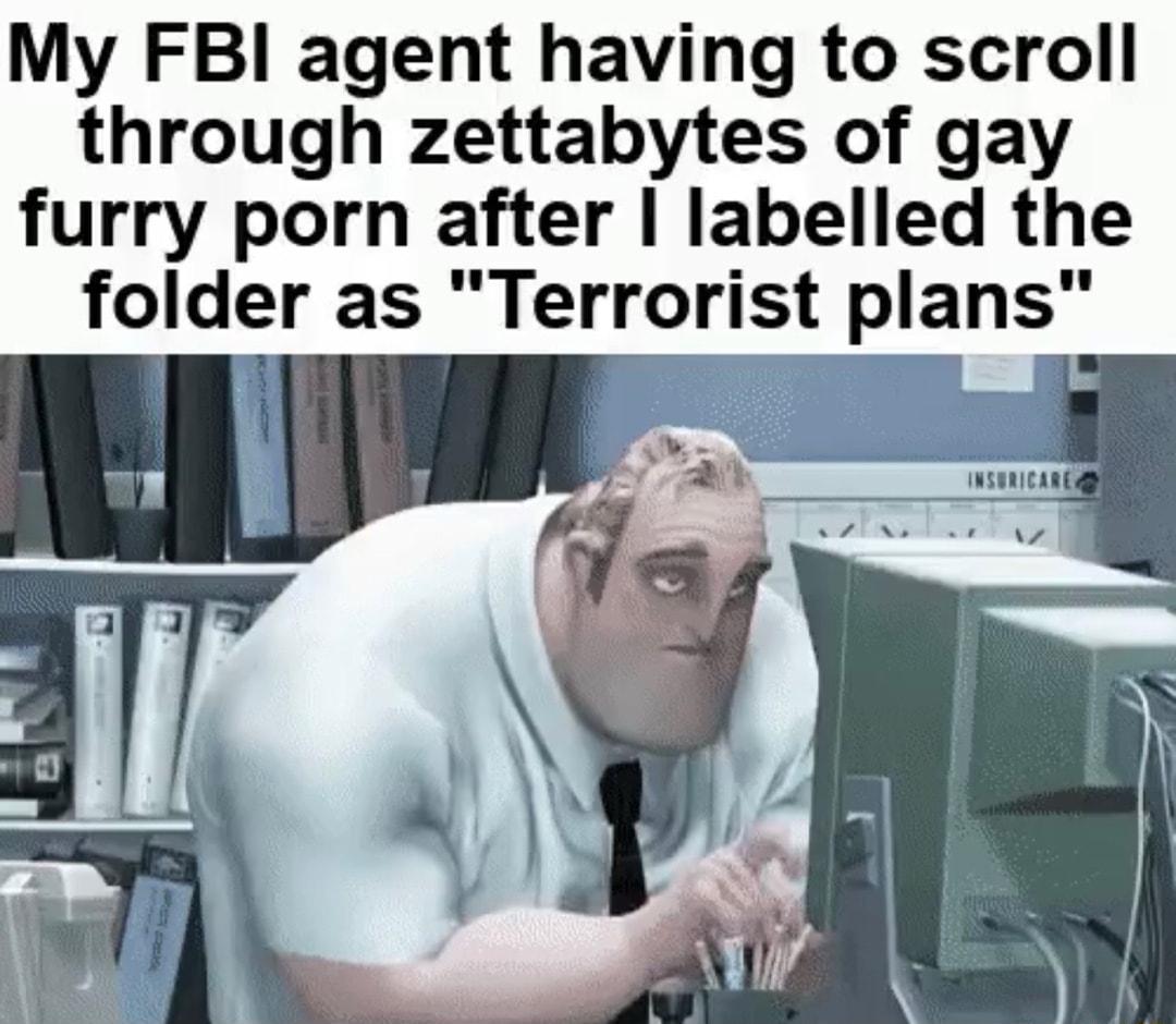 My FBI agent having to scroll through zettabytes of gay furry porn after labelled the folder as Terrorist plans