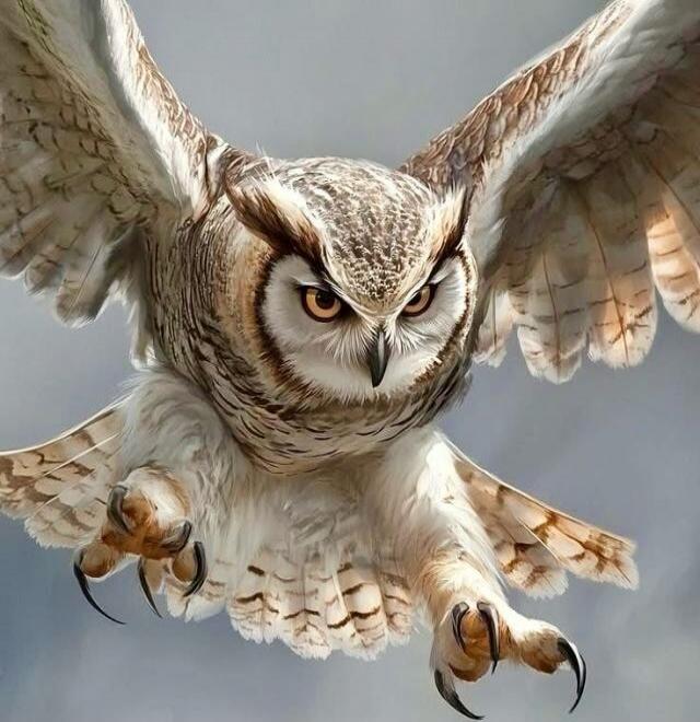 An owl in flight with talons extended.