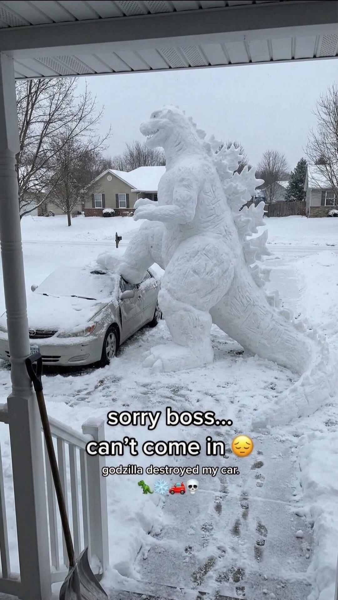 sorry boss... can't come in 😔 godzilla destroyed my car 🚗💀