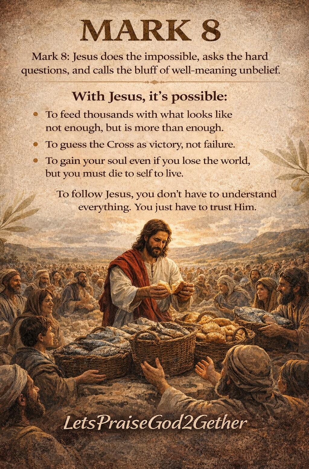 MARK 8
Mark 8: Jesus does the impossible, asks the hard questions, and calls the bluff of well-meaning unbelief.

With Jesus, it's possible:

• To feed thousands with what looks like not enough, but is more than enough.
• To guess the Cross as victory, not failure.
• To gain your soul even if you lose the world, but you must die to self to live.

T