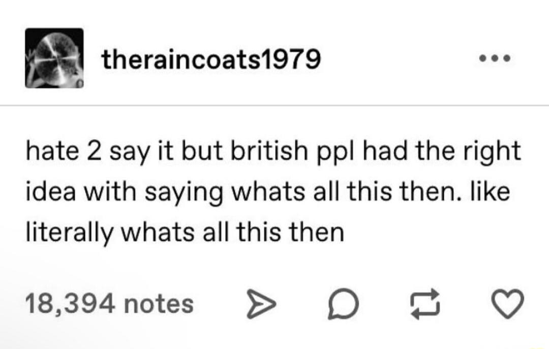 theraincoats1979 wis o hate 2 say it but british ppl had the right idea with saying whats all this then like literally whats all this then 18394notes O 2 Q