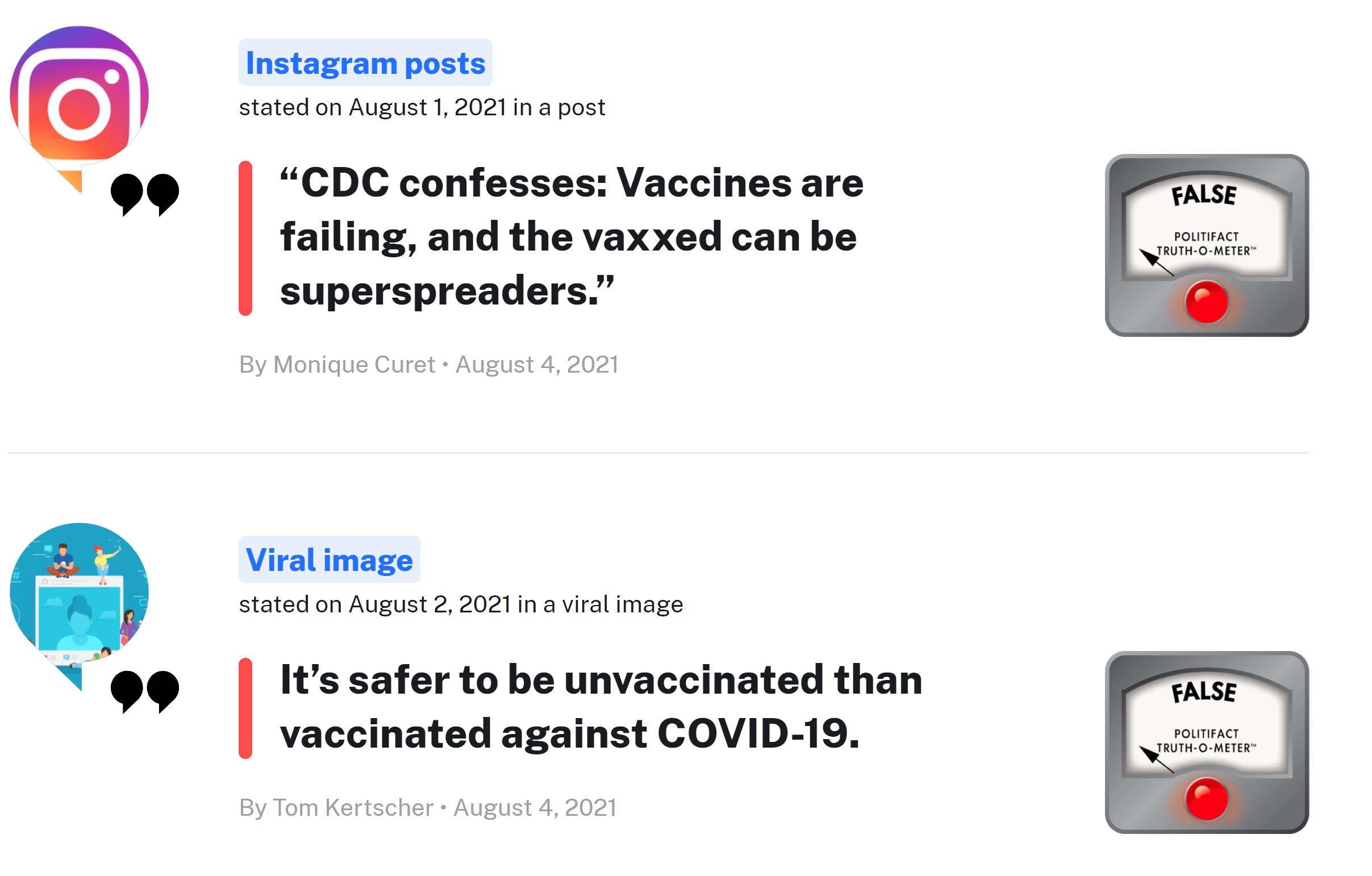 Instagram posts stated on August 1 2021 in a post T 99 CDC confesses Vaccines are T failing and the vaxxed can be superspreaders a By Monique Curet August 4 2021 Viral image stated on August 2 2021 in a viral image Al 0 Its safer to be unvaccinated than FALSE vaccinated against COVID 19 By Tom Kertscher August 4 2021