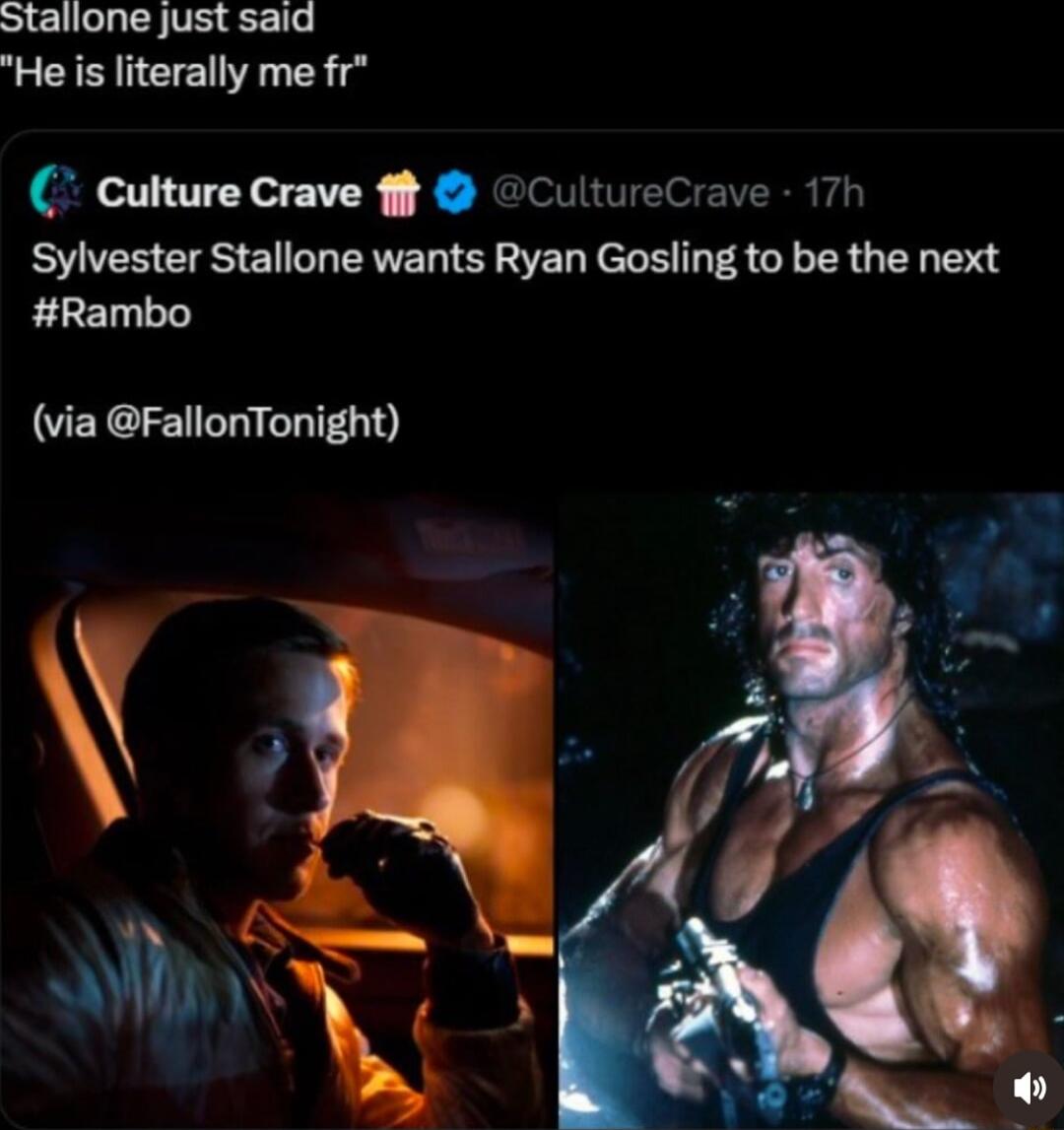 Stallone just said He is literally me fr Culture Crave ft CultureCrave 17h Sylvester Stallone wants Ryan Gosling to be the next Rambo via FallonTonight