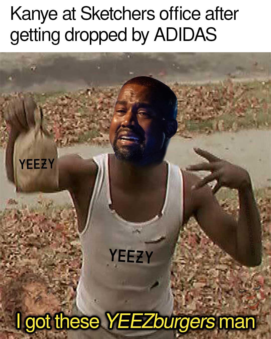 Kanye at Sketchers office after getting dropped by ADIDAS ol got theseYEEZburgers man 4
