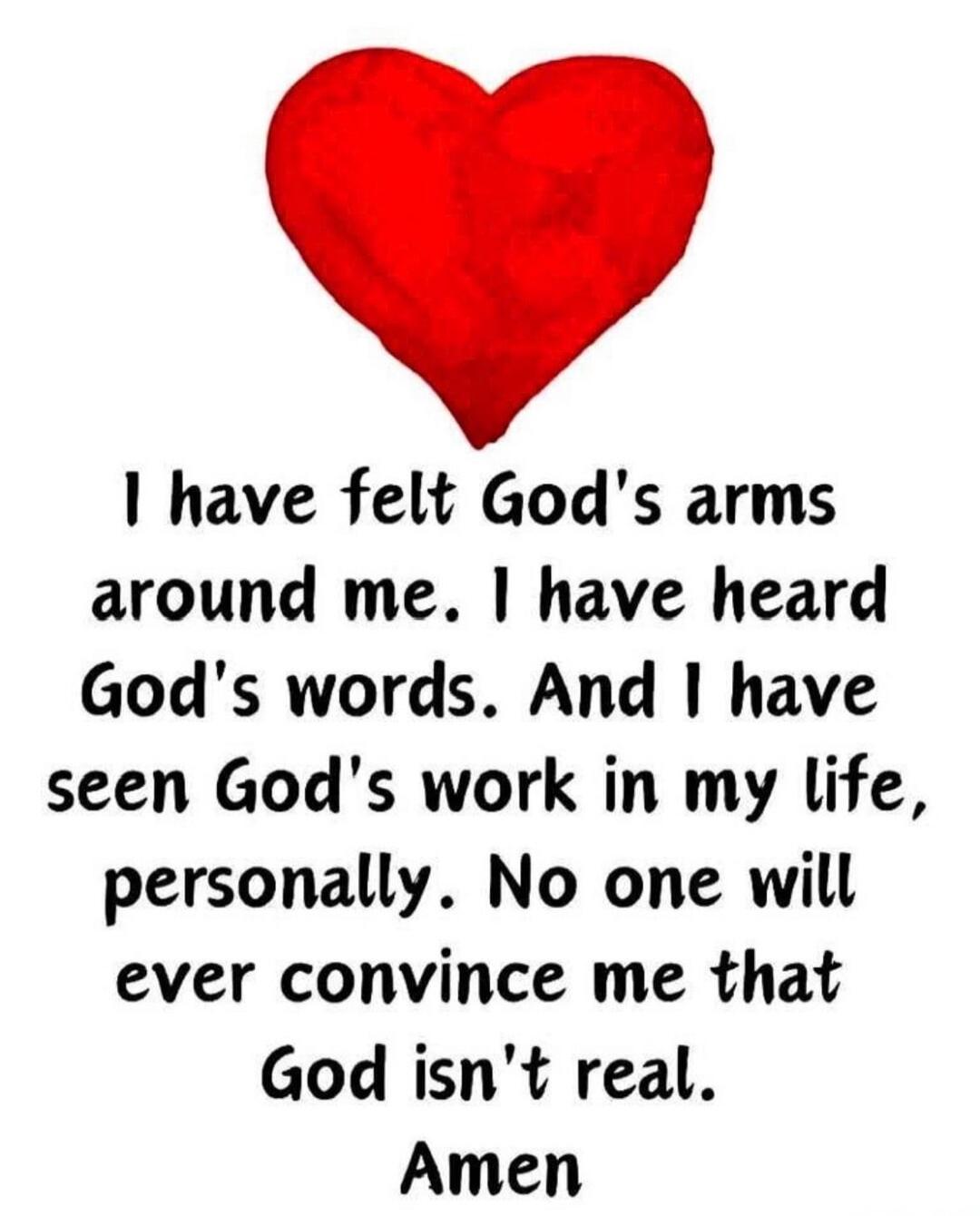 I have felt God's arms around me. I have heard God's words. And I have seen God's work in my life, personally. No one will ever convince me that God isn't real. Amen
